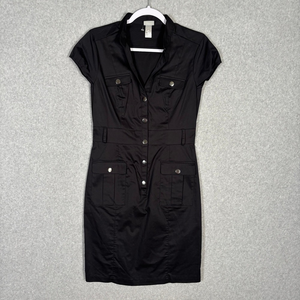 H&M Utility Pencil Dress Size 8 Snap Pockets Cotton Stretch Snap Minimal NO BELT